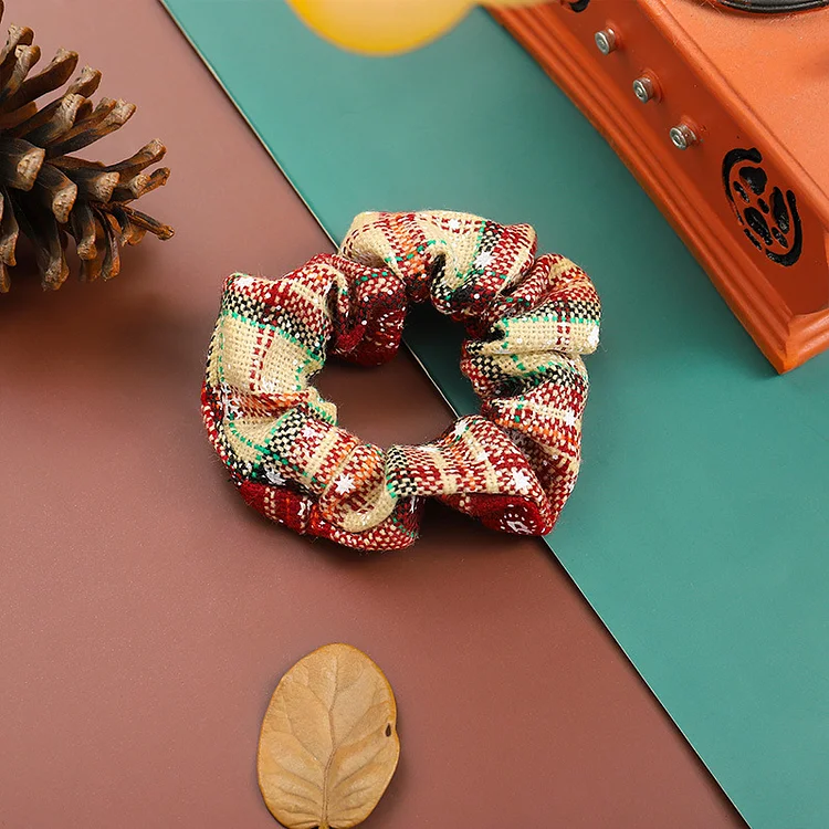 Christmas Khaki Plaid Snowflake Pattern Hair Scrunchie  Flycurvy [product_label]