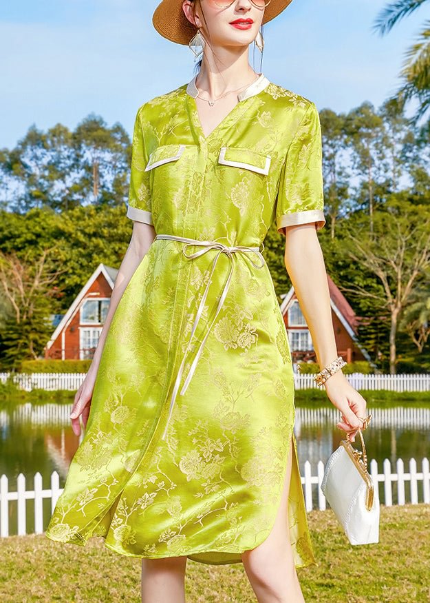 Original Yellow Green Side Open Jacquard V Neck Silk Dresses Short Sleeve