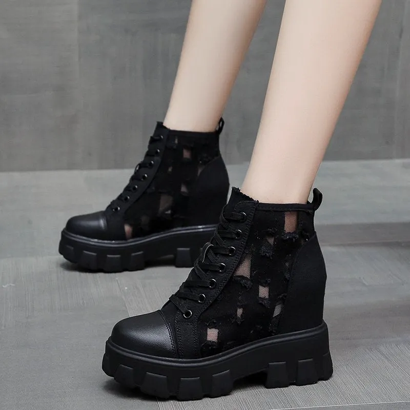 2022 Autumn Hollow Out Canvas Ankle Boots For Women Round Toe Lace Up Hidden Heels Shoes Woman Chunky Platform Booties