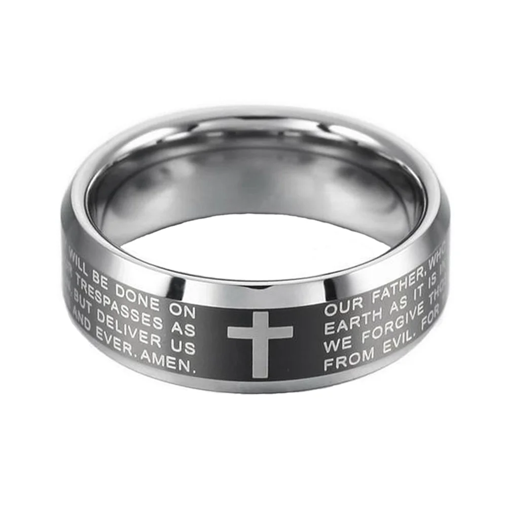 Black Cross Bible Tungsten Ring Bevel Edge Polished Finished 8MM Width For Mens Rings