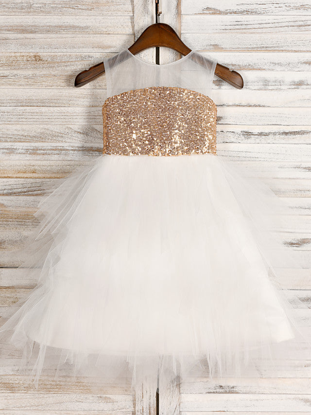 Oknass A-Line Sleeveless Jewel Neck Tea Length Flower Girl Dress Tulle  With Belt Sequins
