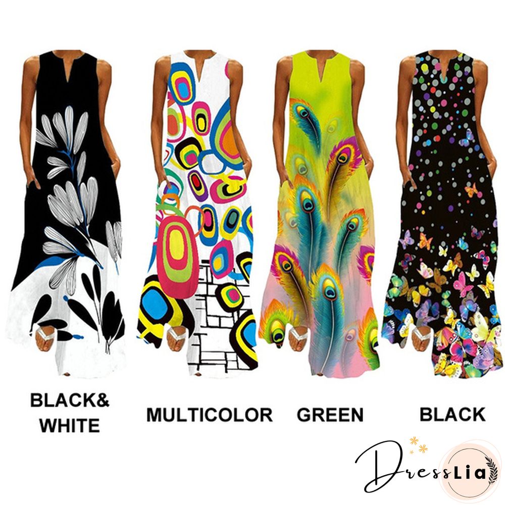 Butterfly Print Loose Beach Maxi Dress Summer Womens Fashion Sleeveless V-neck Boho Dress