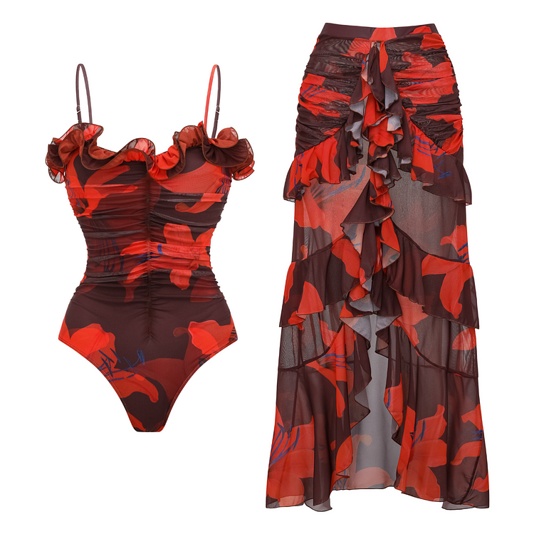 Lily Contrast Print Fabric Patchwork One Piece Swimsuit and Skirt