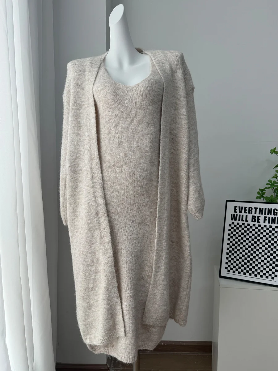 Athvotar Athvotar Autumn And Winter Hot Sweater Set Women Loose Long Version Thicker Cardigan + V Collar Vest Skirt