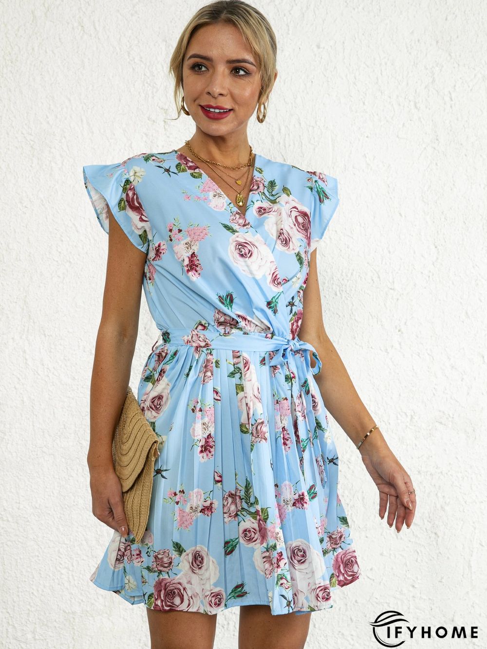 Floral Print V neck Short Sleeve Holiday Mini Dresses | IFYHOME