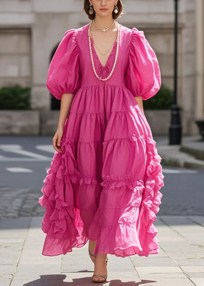 Women Rose Ruffled Exra Large Hem Cotton Dress Puff Sleeve Summer