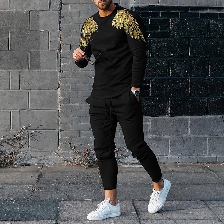 BrosWear Gold Wing Print T-Shirt And Pants Co-Ord