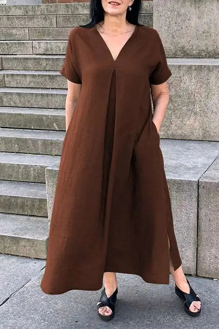 V Neck Pleated Short Sleeve Linen Slit Plain Loose-Fit Midi Dresses