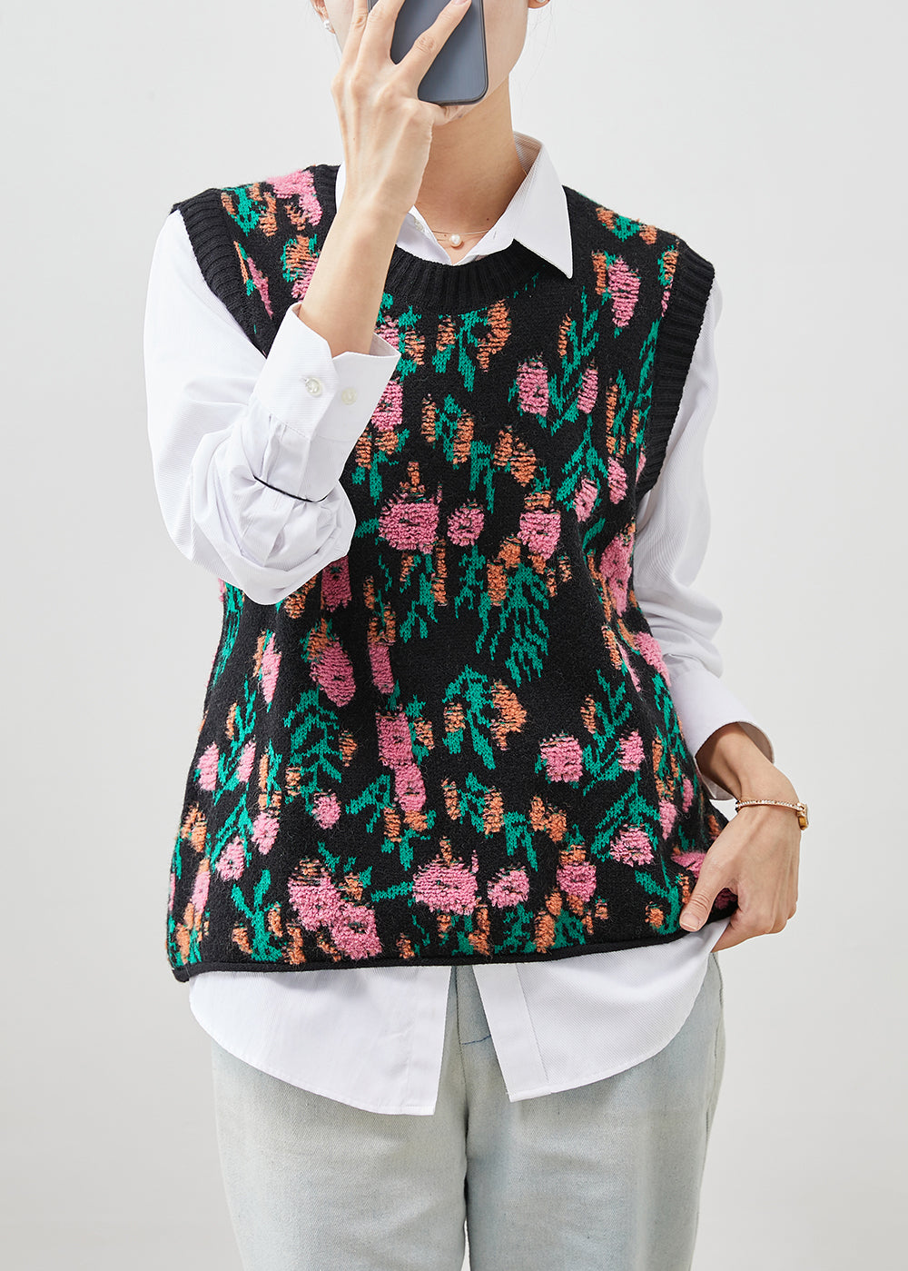 Stylish Black O-Neck Oversized Applique Cotton Vest Tops Spring