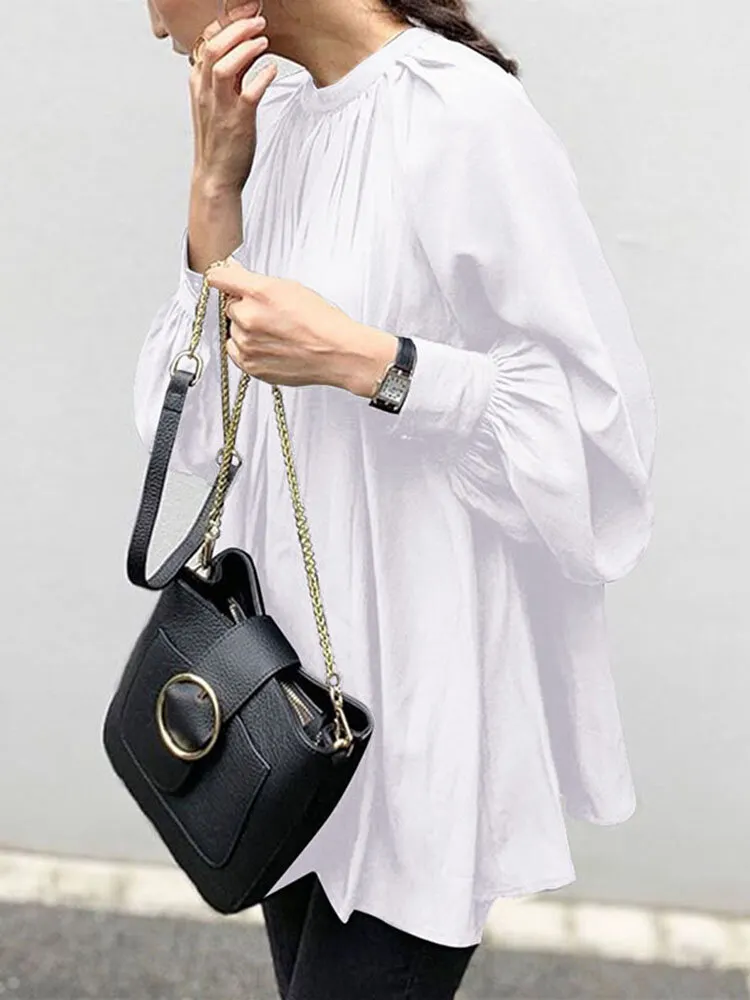 Solid Color Puff Sleeve Stand Collar Blouse