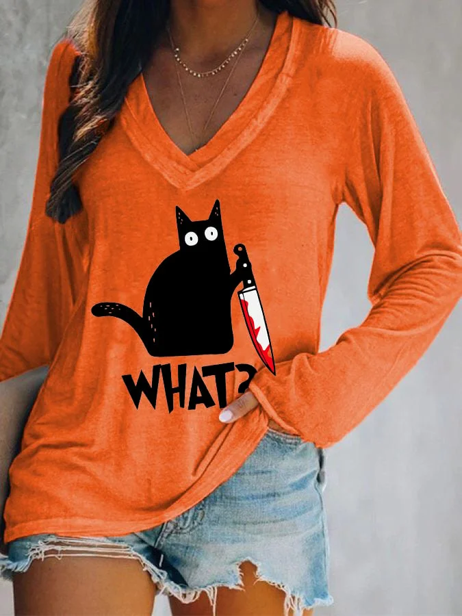 Women's Halloween Fun Black Cat Print Double Layer V-Neck Long Sleeve T-Shirt socialshop