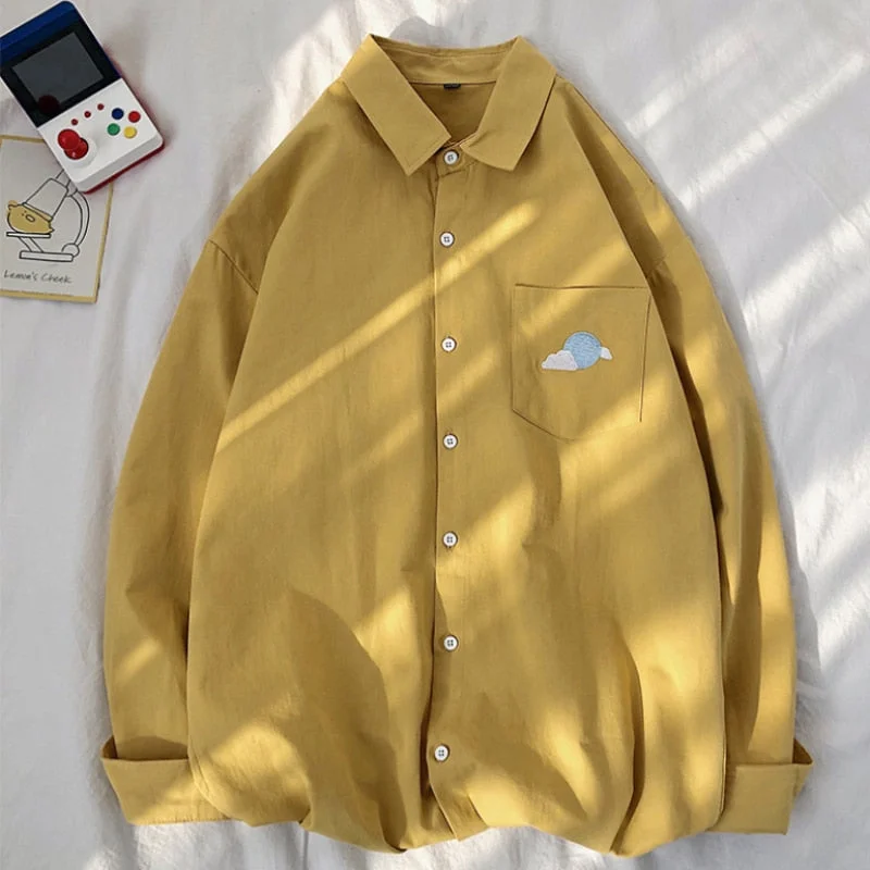 Zoki 100% Cotton Women Shirt Cute Preppy Style Casual Loose Shirts Fashion Embroidery Autumn Button Up Pocket Ladies Tops 2021