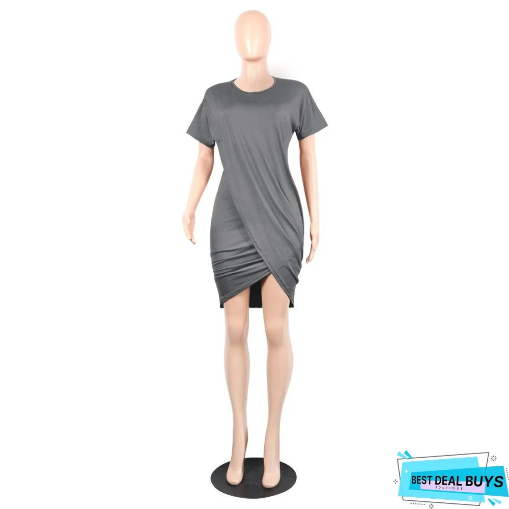 Round Neck Pleated Dress with Irregular Short Sleeves