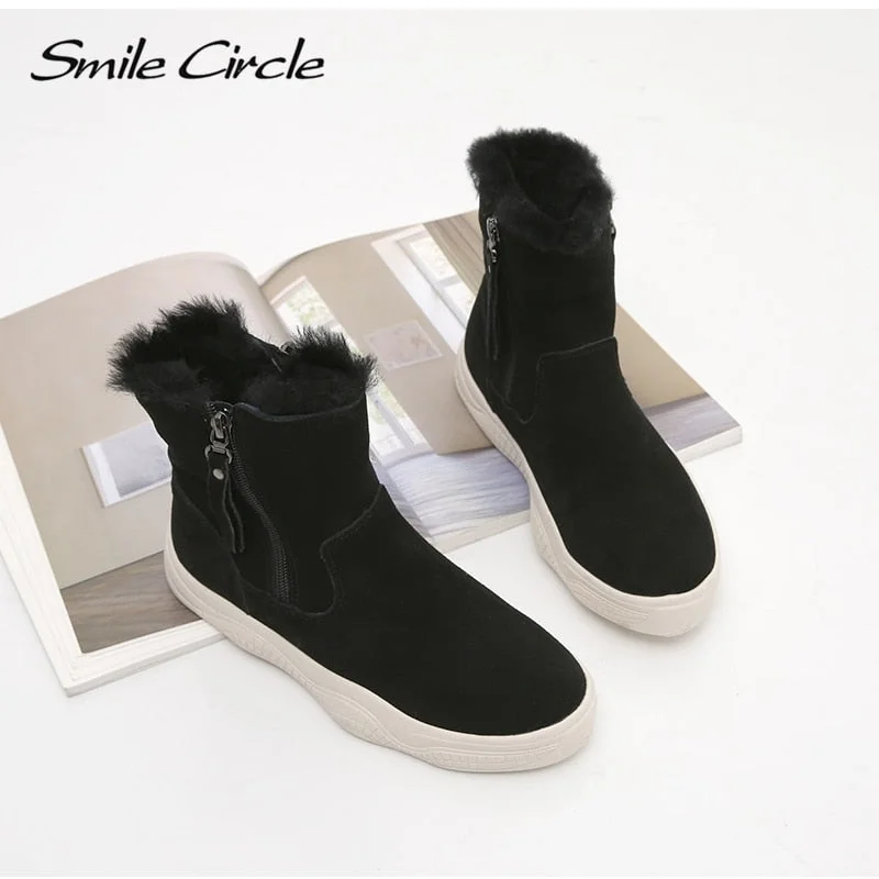 Smile Circle Suede Leather Ankle Boots Women Natural fur Warm Snow Boots Zipper Easy to wear Flat Boots Winter Ladies Shoes