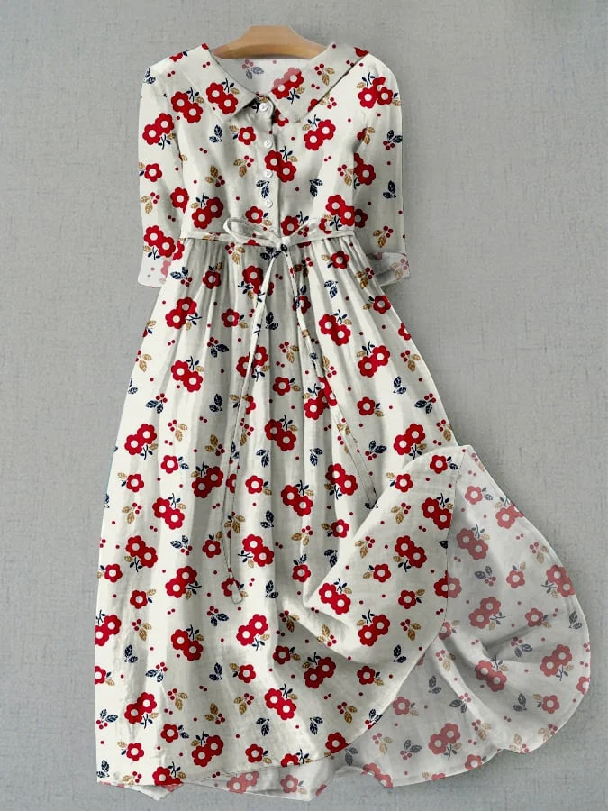 Women's Vintage Botanical Floral Print Lace-Up Dress