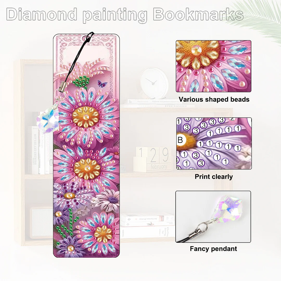4Pcs Daisy and Butterfly DIY Diamond Bookmark Art Projects Irregular Shaped Diamonds Diamond Painting Art Bookmarks with Crystal Pendants for DIY Making Beginners Adult Art Craft Supplies