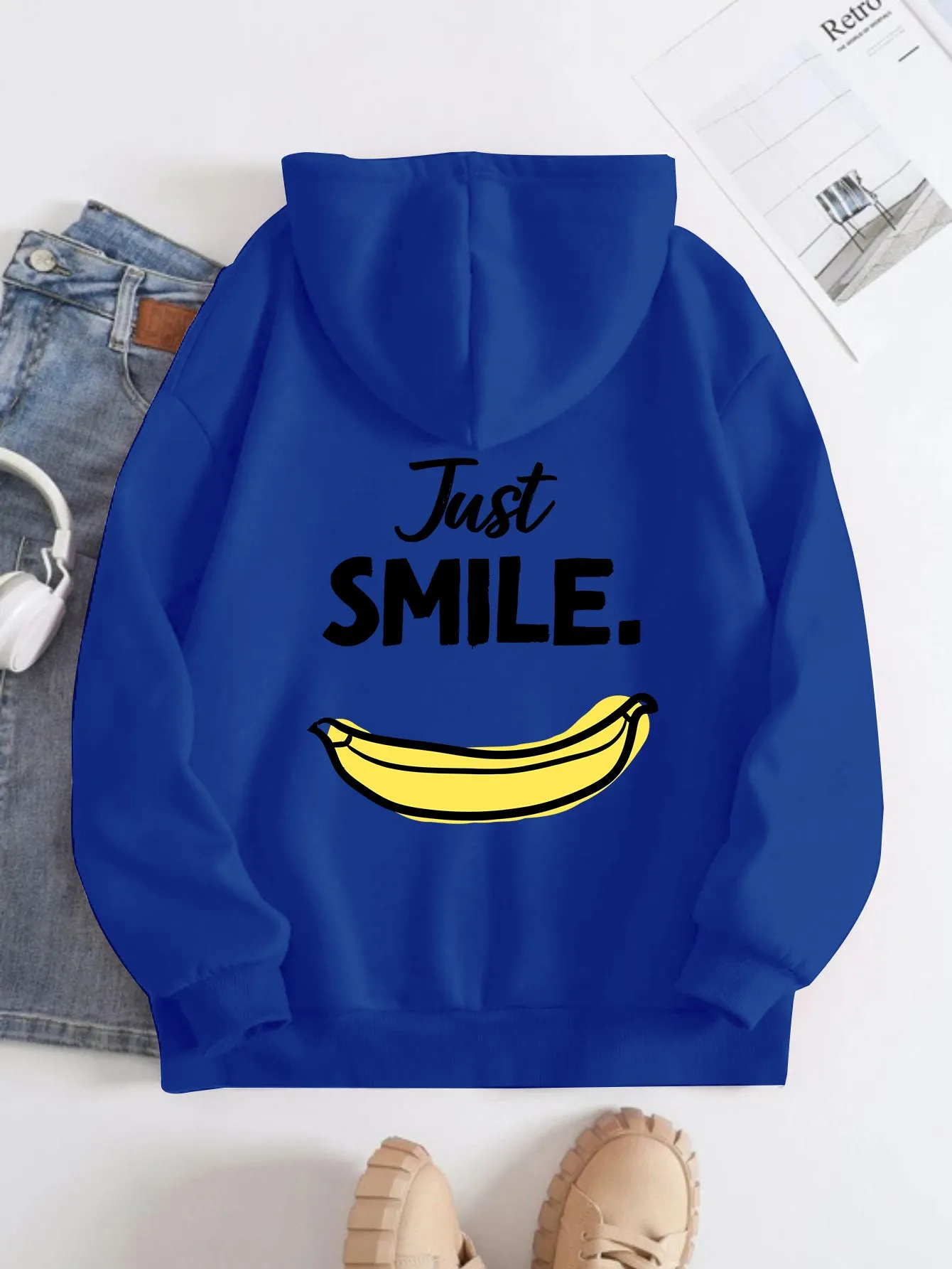 Printed on the Back Kangaroo Pocket Hoodie Long Sleeve for Women Pattern Just Smile