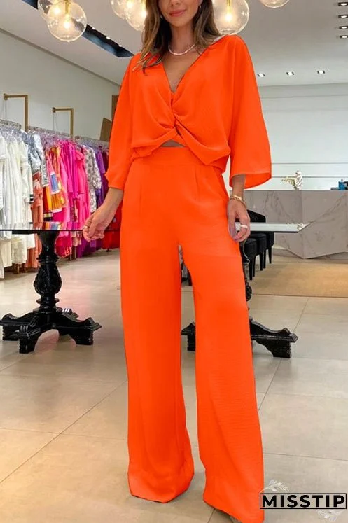 Meridress V Neck Twist Front Pullover Wide Leg Pants 2 Pieces Outfits