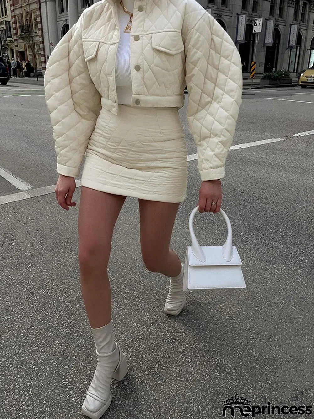 Women Turndown Collar Long Sleeve Diamond Padded Jacket and Skirt Two Piece