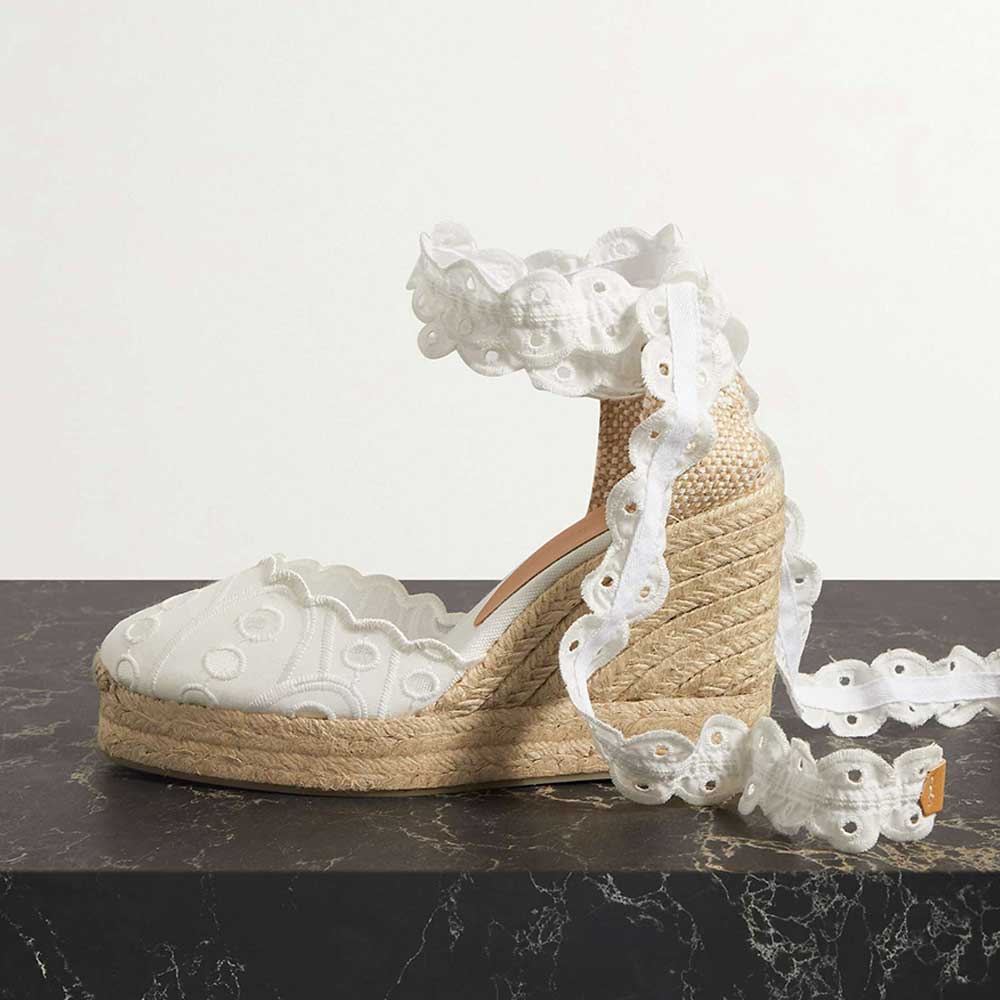 White Textile Round Toe 4'' Wedge Heel Lace-Up Platform Pumps Nicepairs