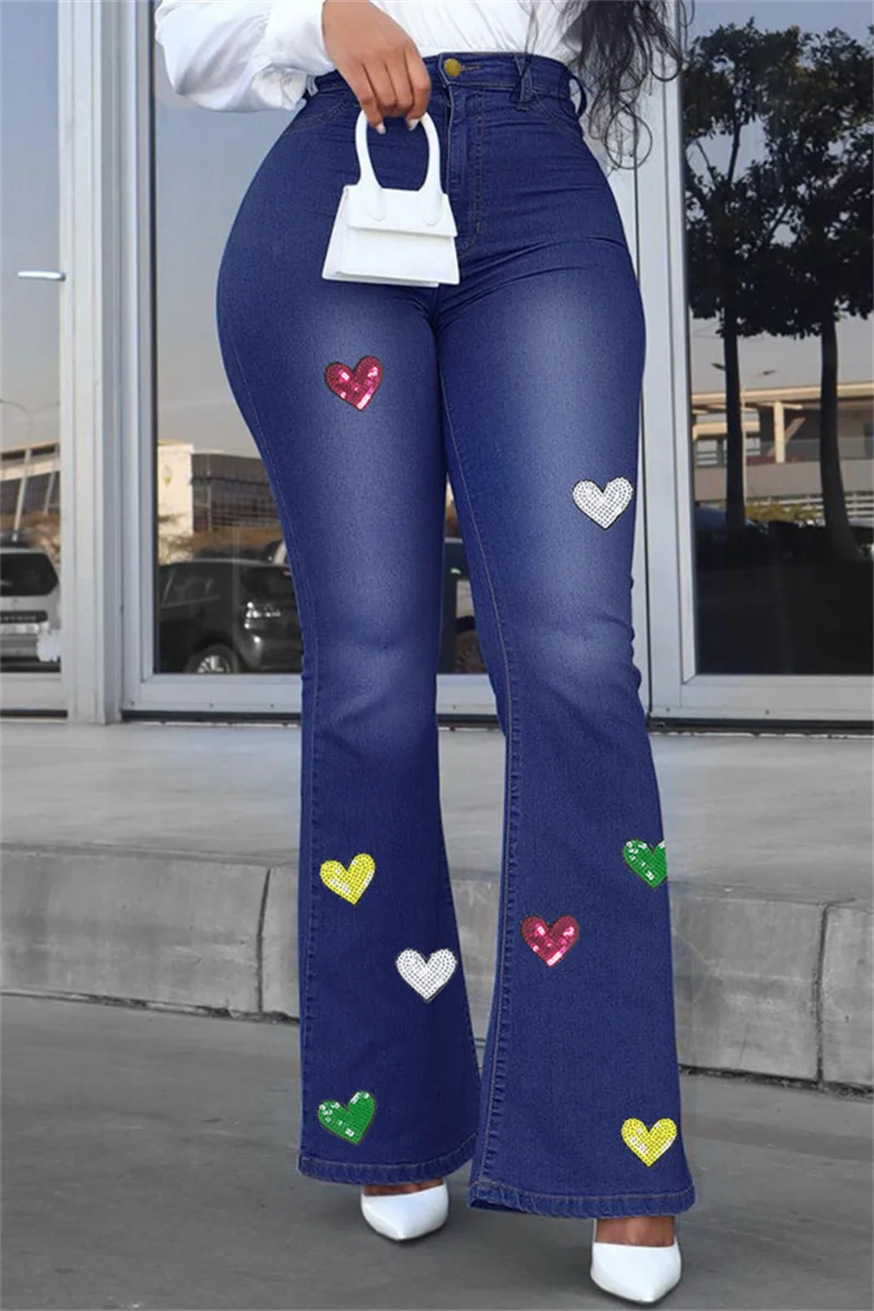 Dark Blue Casual Print Patchwork High Waist Regular Denim Jeans | EGEMISS