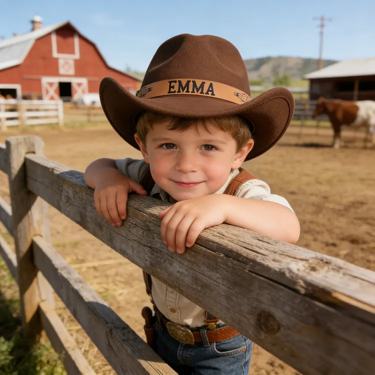Personalized Kids Cowboy Hat For Toddler Boys Girls, Western Hat With Hatband For Kids Men Women, Custom Leather Patch Baby Cowgirl Hat, Perfect For Family Vacations And Western Themed Birthday Parties