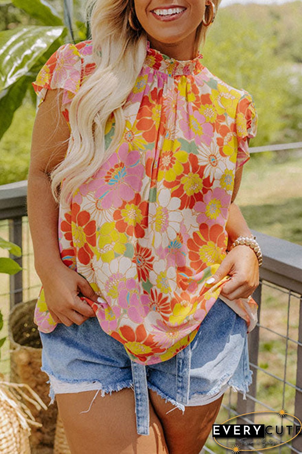 Multicolor Plus Size Mock Neck Ruffle Sleeve Floral Blouse