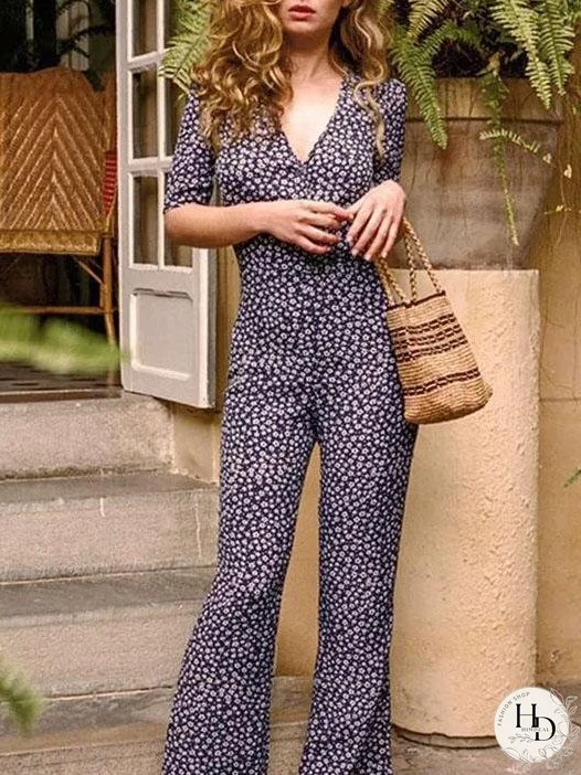 Floral V Neck Short Sleeve Summer Jumpsuit