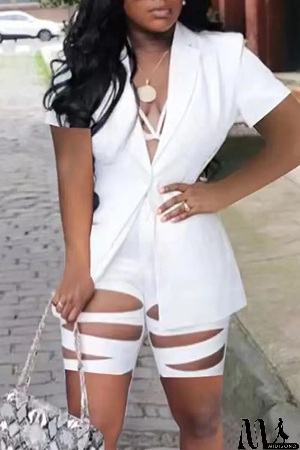 MidiSono - Red Street Print Hollowed Out Patchwork Buttons Turn-back Collar Short Sleeve Two Pieces