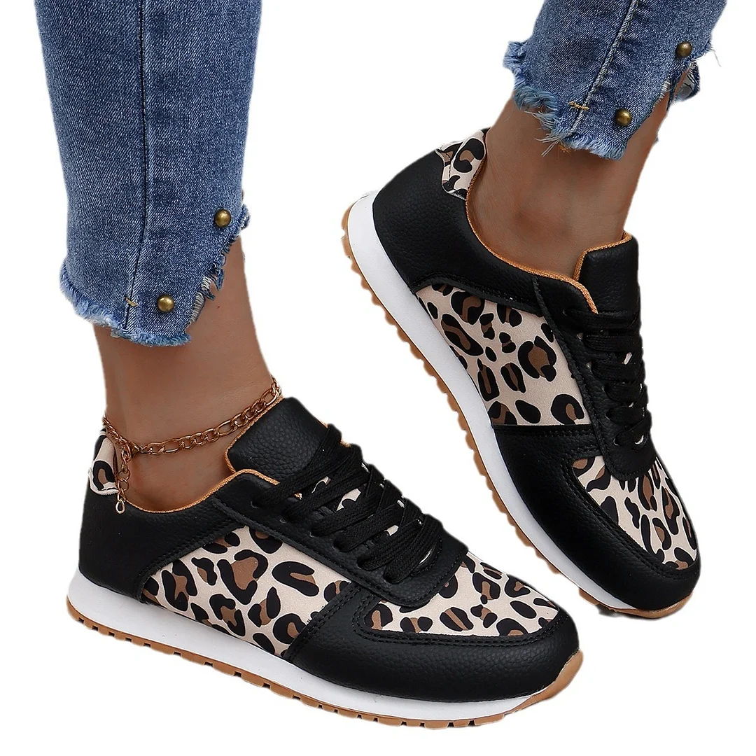 Breakj Breakj Large Code New Splicing Tie Sneakers 2025 Low-Top Leopard-Print Sports Casual Shoes Women