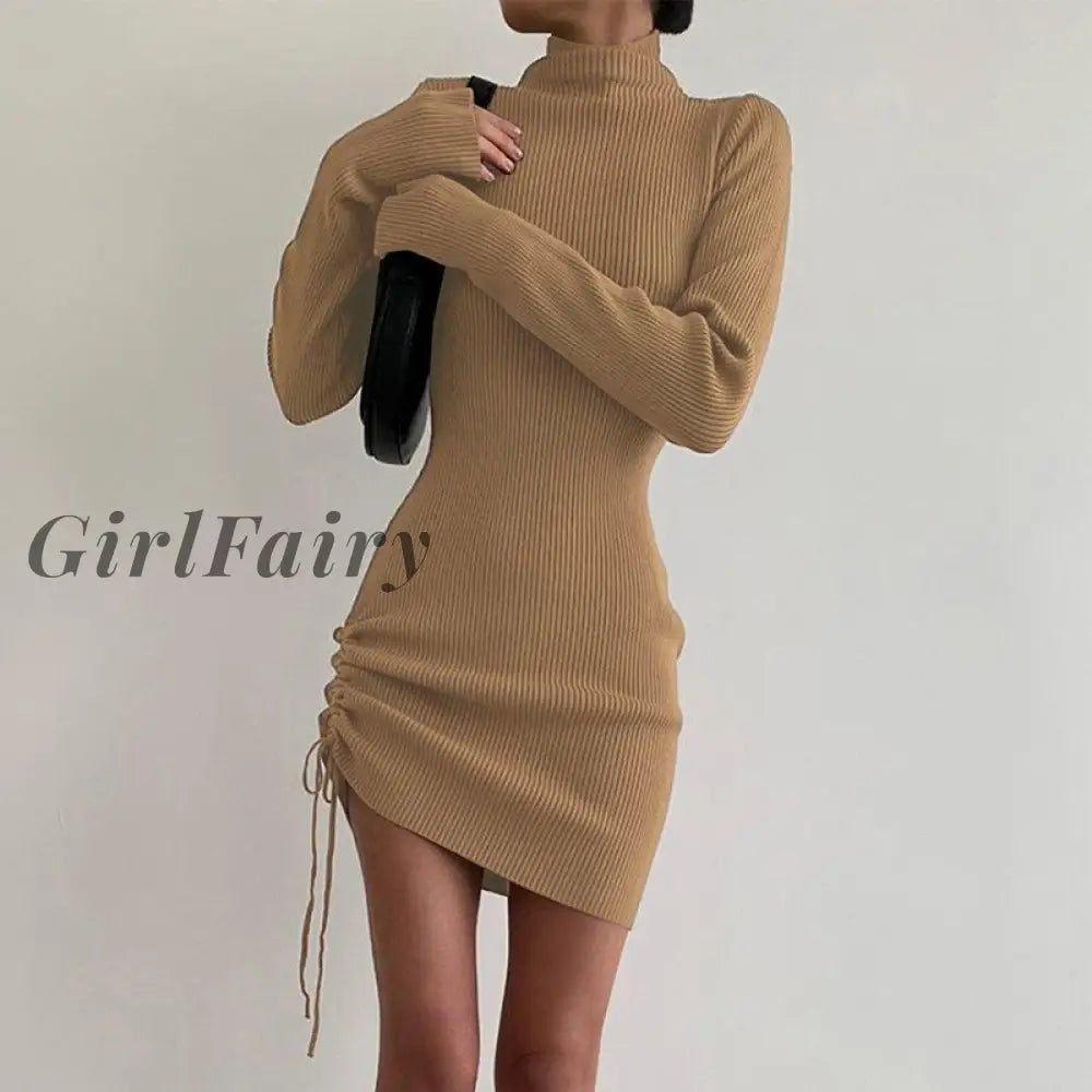 Girlfairy Knitting Women Draw String Dress Turtleneck Slim Autumn Winter Long Sleeve Short Casual