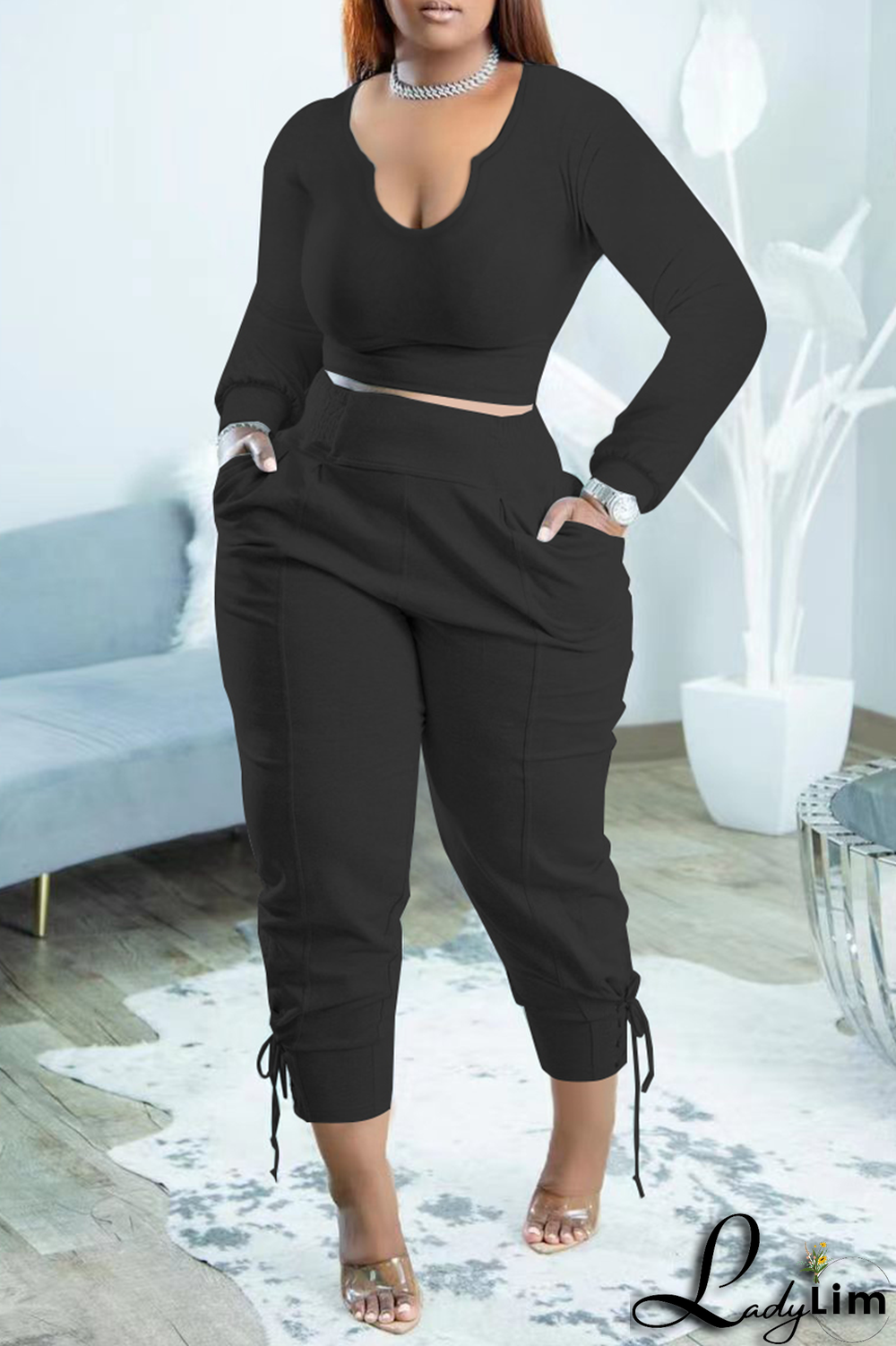 Blue Fashion Solid Draw String U Neck Long Sleeve Two Pieces