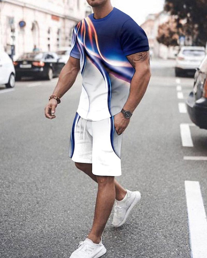 Men's Fashion Blue Abstract Pattern Shorts Suit