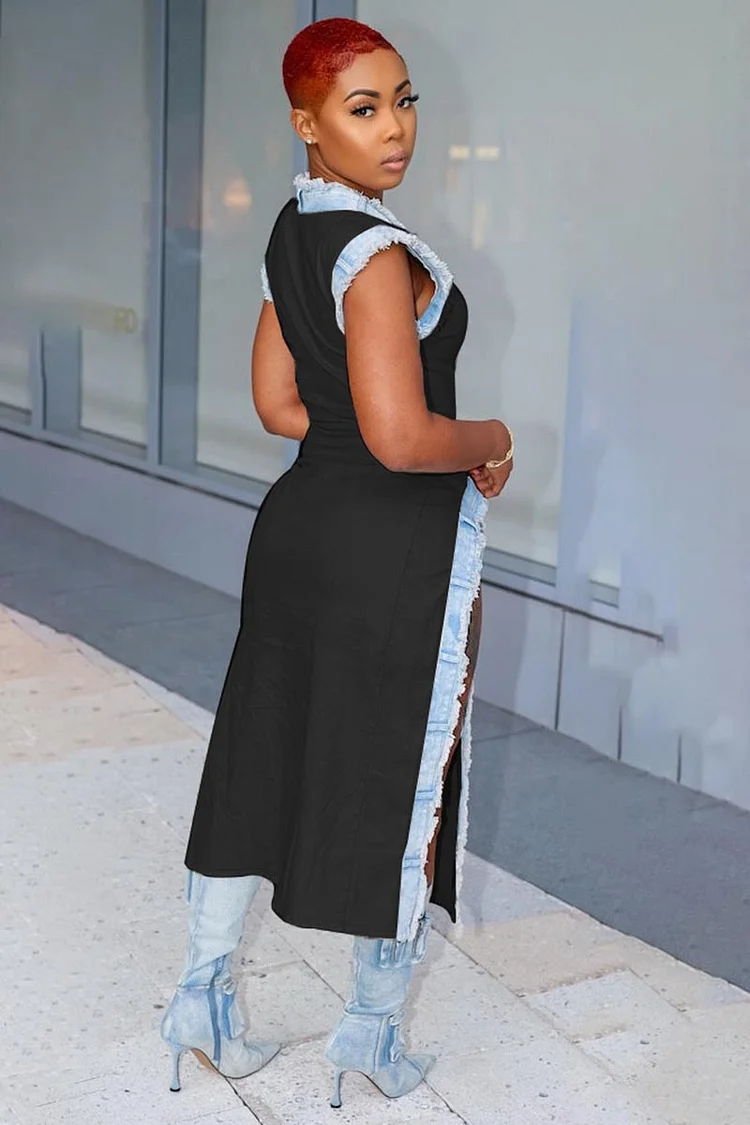 Raw Edge Denim Patchwork V Neck High Slit Sleeveless Midi Dresses-Black
