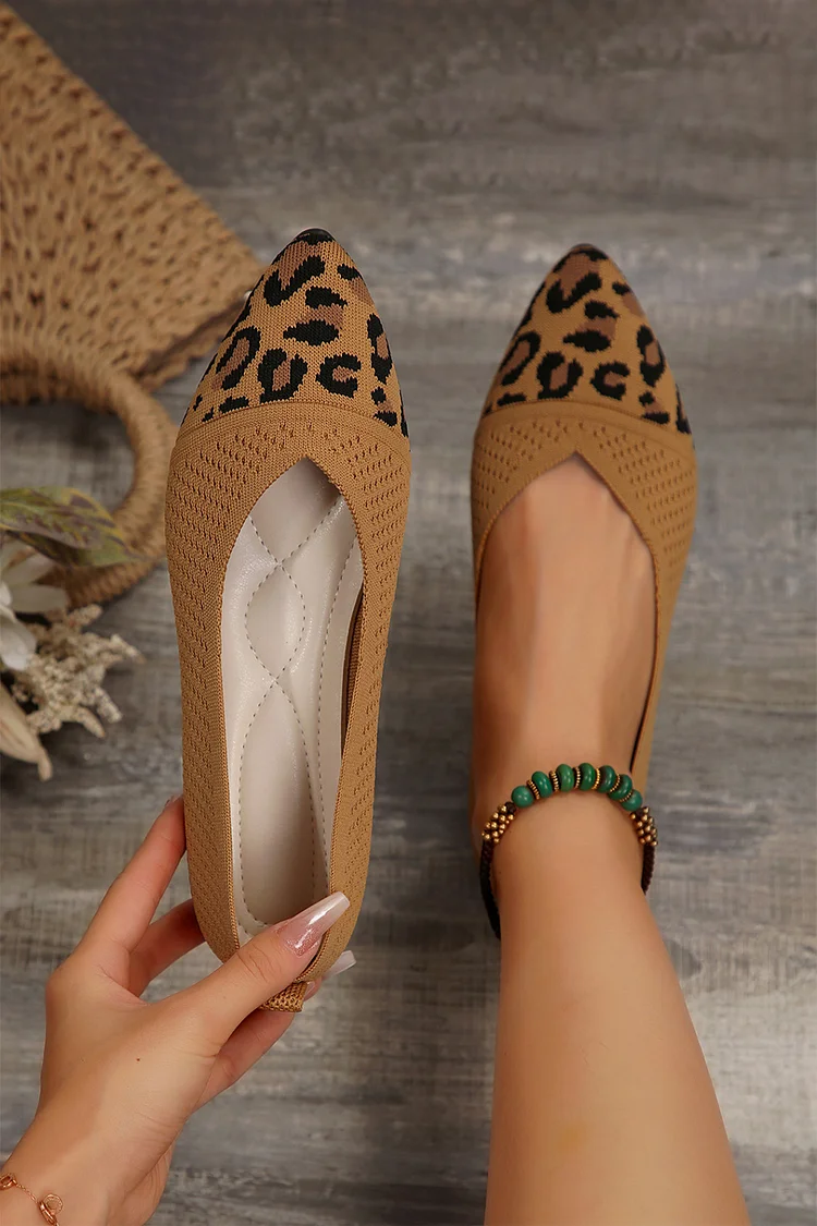 Leopard Pattern Knitted Pointed Toe Casual Slip On Flats