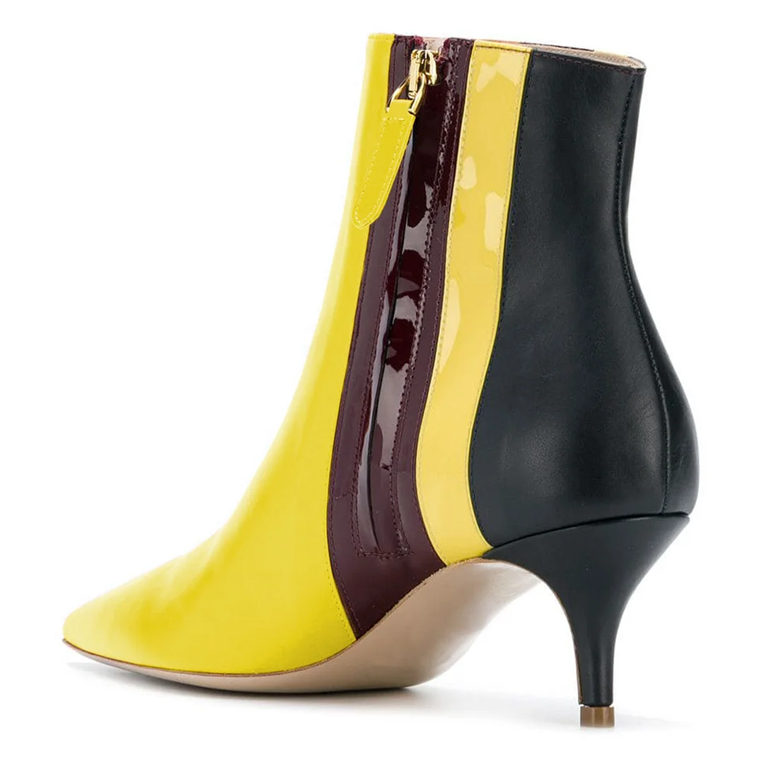Three-Color Stripes Pointed Toe Kitten Heel Zipper Booties for Women 