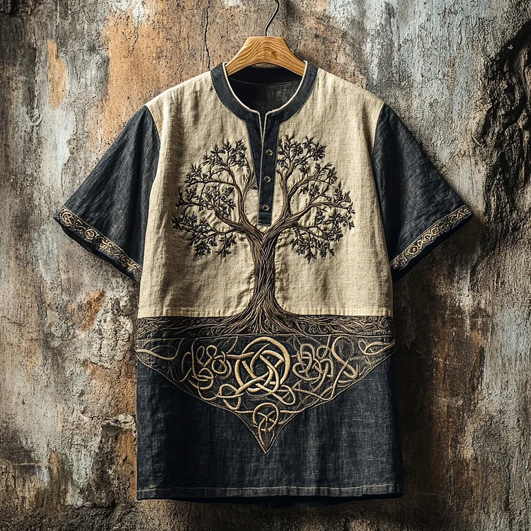 Men's Viking Tree Of Life Tribal Celtic Color Contrast Art Linen Shirt