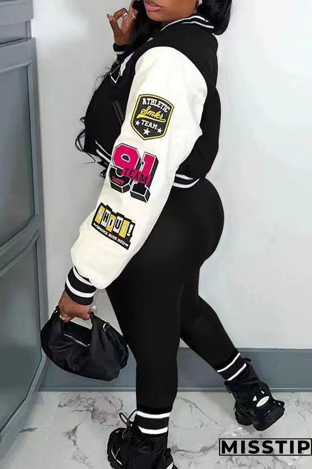 Green Casual Letter Print Patchwork Cardigan O Neck Long Sleeve Two Pieces