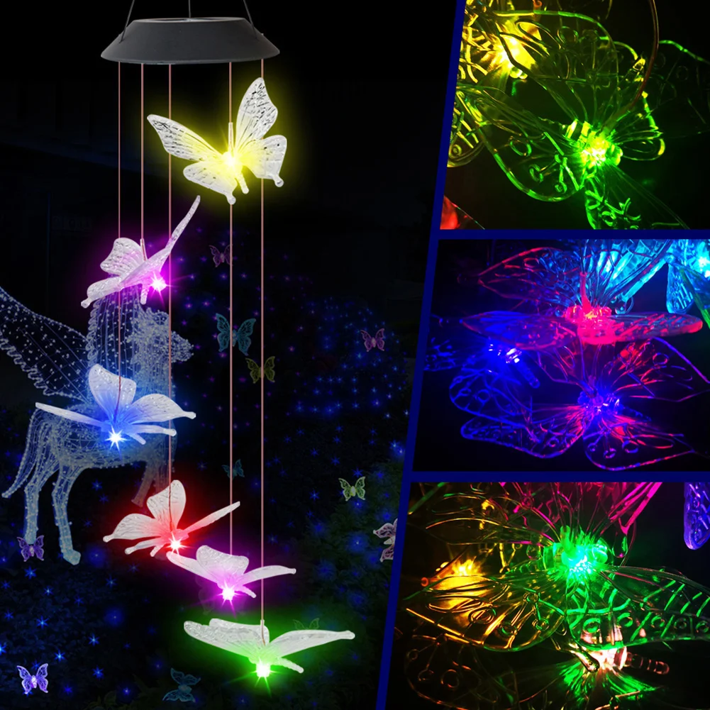 LED Solar Wind Chime Butterfly Light Color Changing IP65 Hanging Lamp (C)