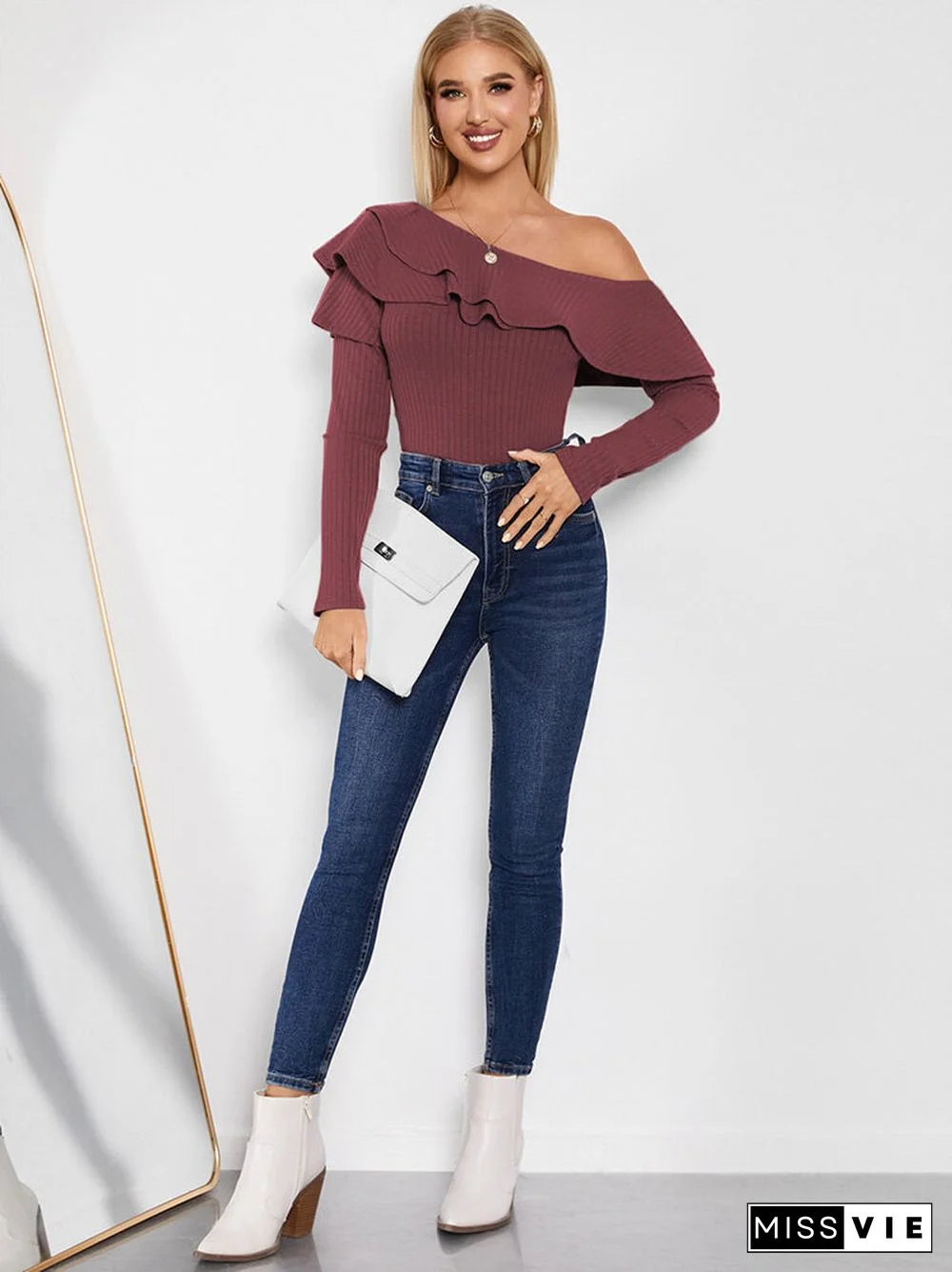 Solid Long Sleeve Off Shoulder Ruffle Knit T-shirt For Women