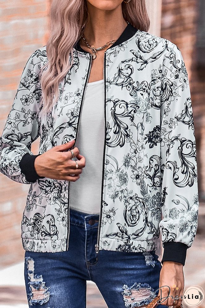 Floral Print Zipper Jacket Coat