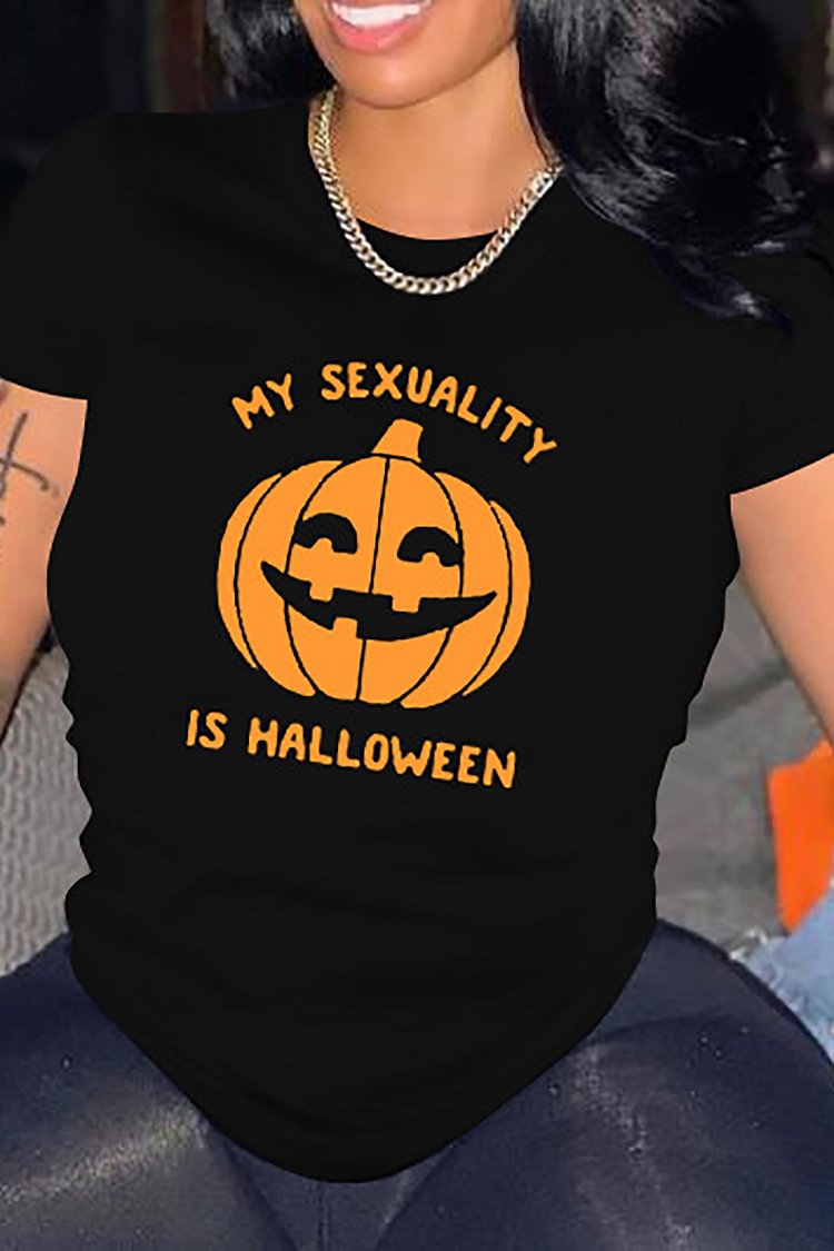  Plus Size Halloween Casual Black Letter Pumpkin Print O Neck T-Shirt