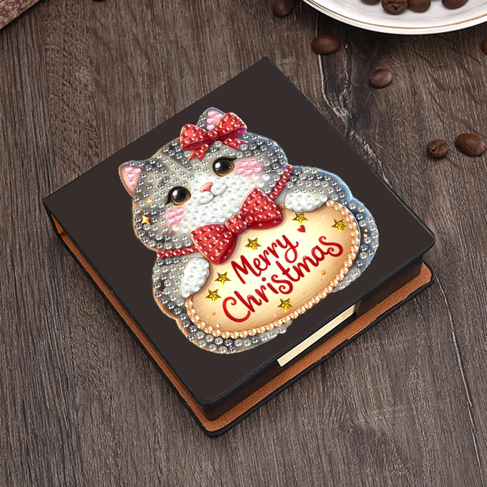 5D DIY PU Diamond Art Note Box with 160 Sheets Paper Memo Pad Holder Kit (Cat)