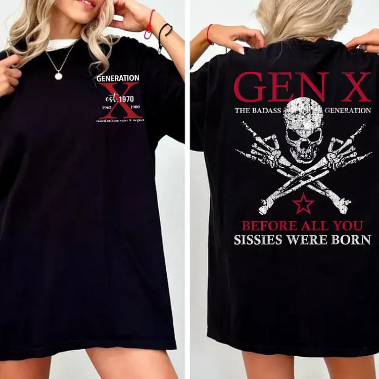 Unisex Gen X Custom EST Year Tees, Sweatshirts & Hoodies | Vintage Skull & Crossbones "The Badass Generation" Multi-Color Outfits (1965-1980)