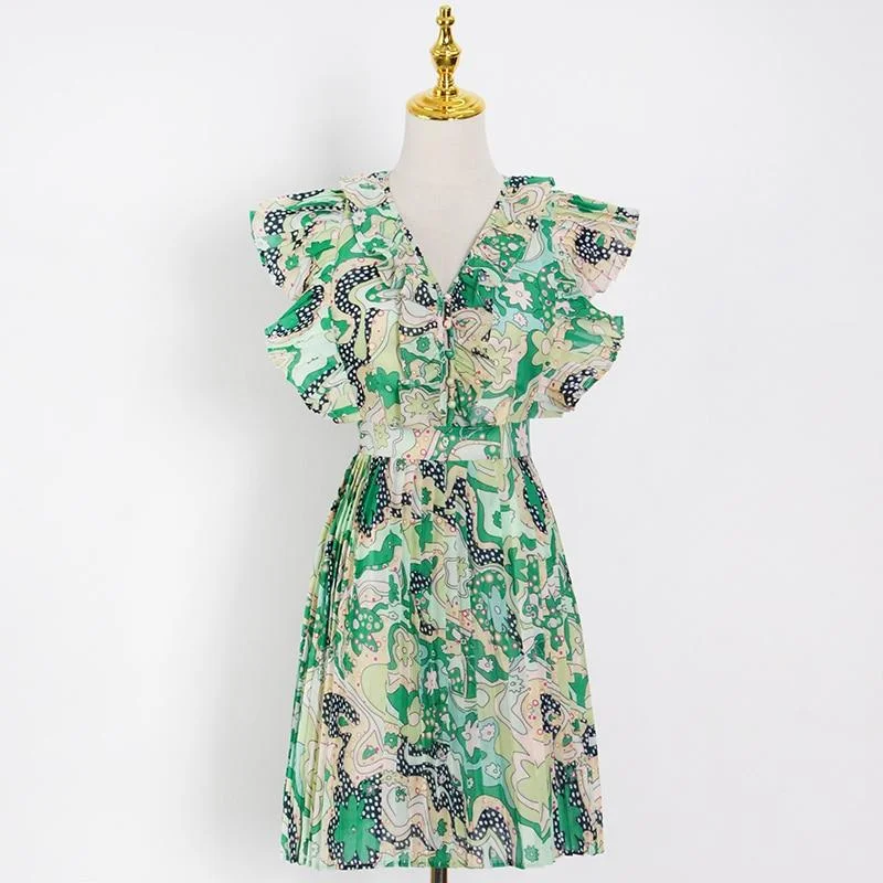 ABEBEY Vintage Green Print Dress For Women V Neck Sleeveless High Waist Patchwork Ruffle Mini Dresses Female 2023 Clothing