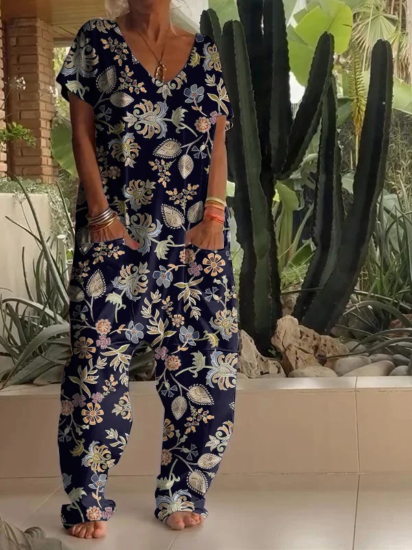 Casual Retro Floral Print V Neck Jumpsuit