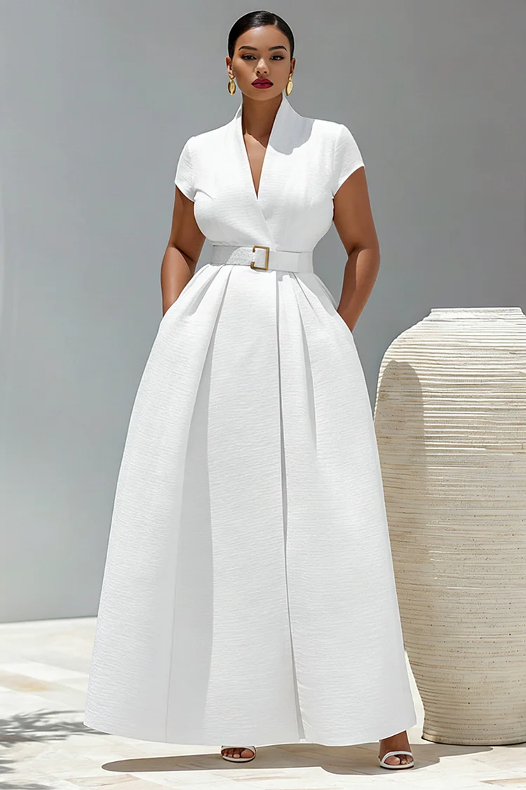 Xpluswear Design Plus Size Business Casual White V Neck Short Sleeve Wrap Pocket Maxi Dresses [Pre-Order] 2024 - Xpluswear