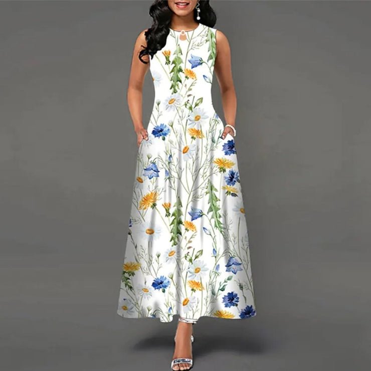 Multi-Colored Floral Print White Sleeveless Maxi Dress  LILYELF
