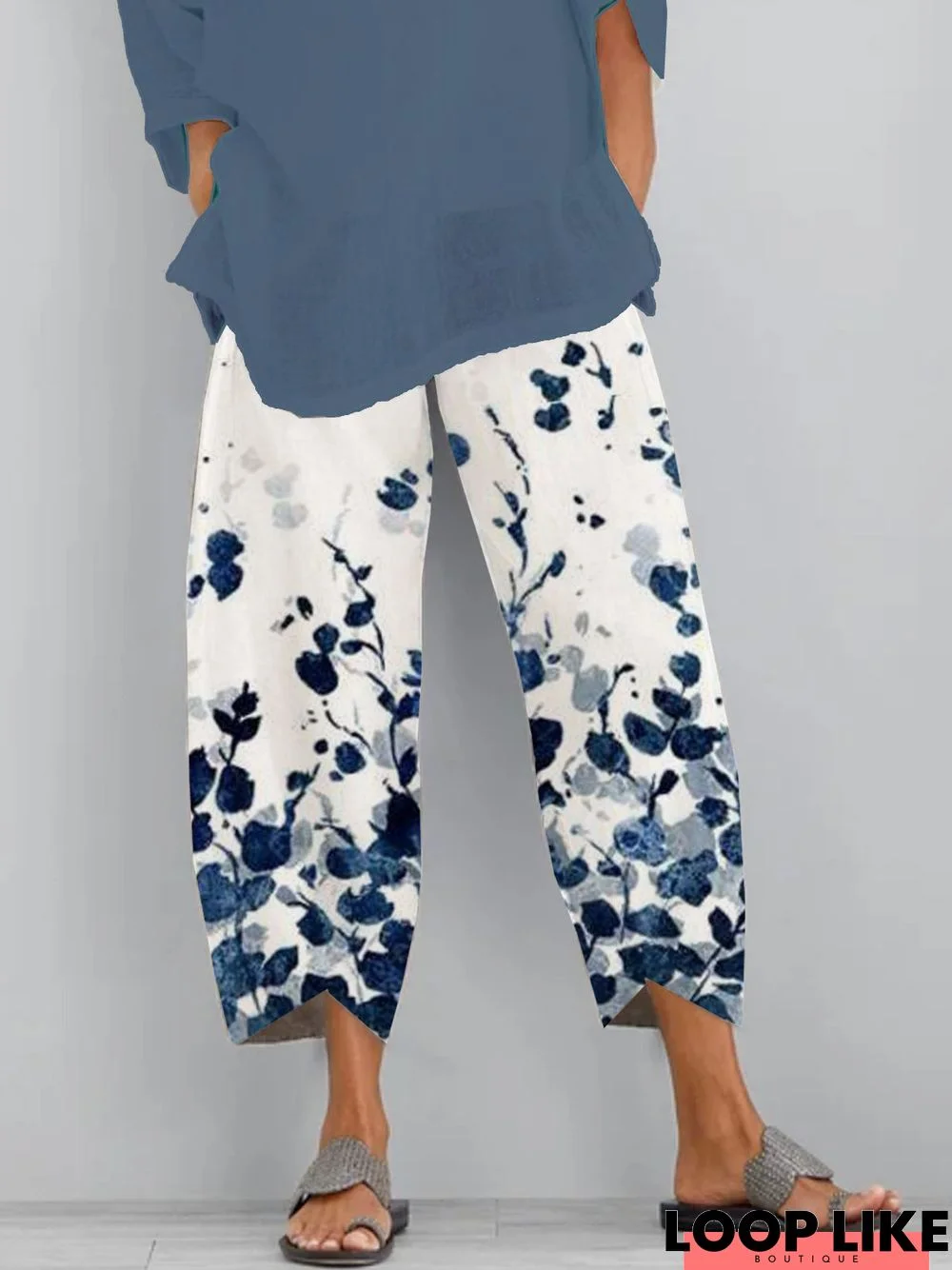 Floral  Shift  Printed  Polyester Vintage  Summer  Blue Pants