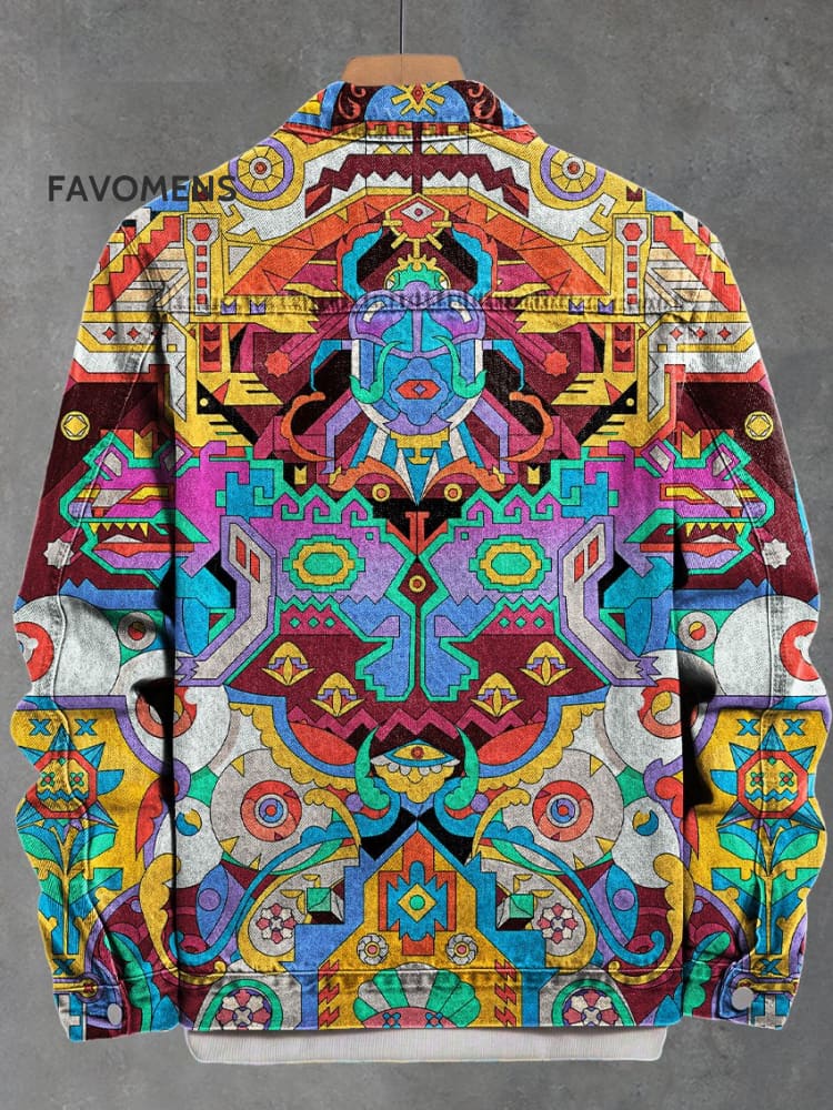 Vintage Psychedelic Illustration Abstract Geometric Eye Pattern Print Casual Denim Jacket
